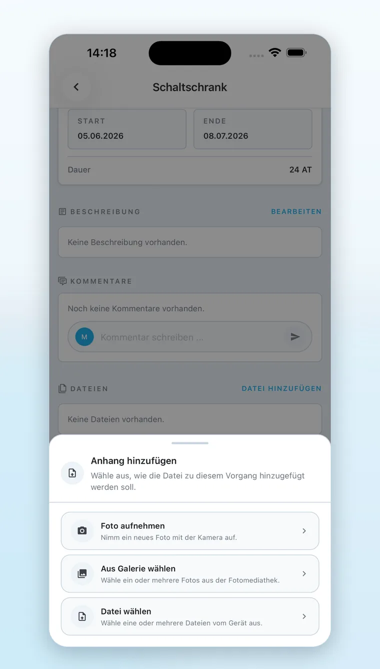 Linetrack Mobile App: Anhang hinzufügen über Kamera, Galerie oder Dateiablage