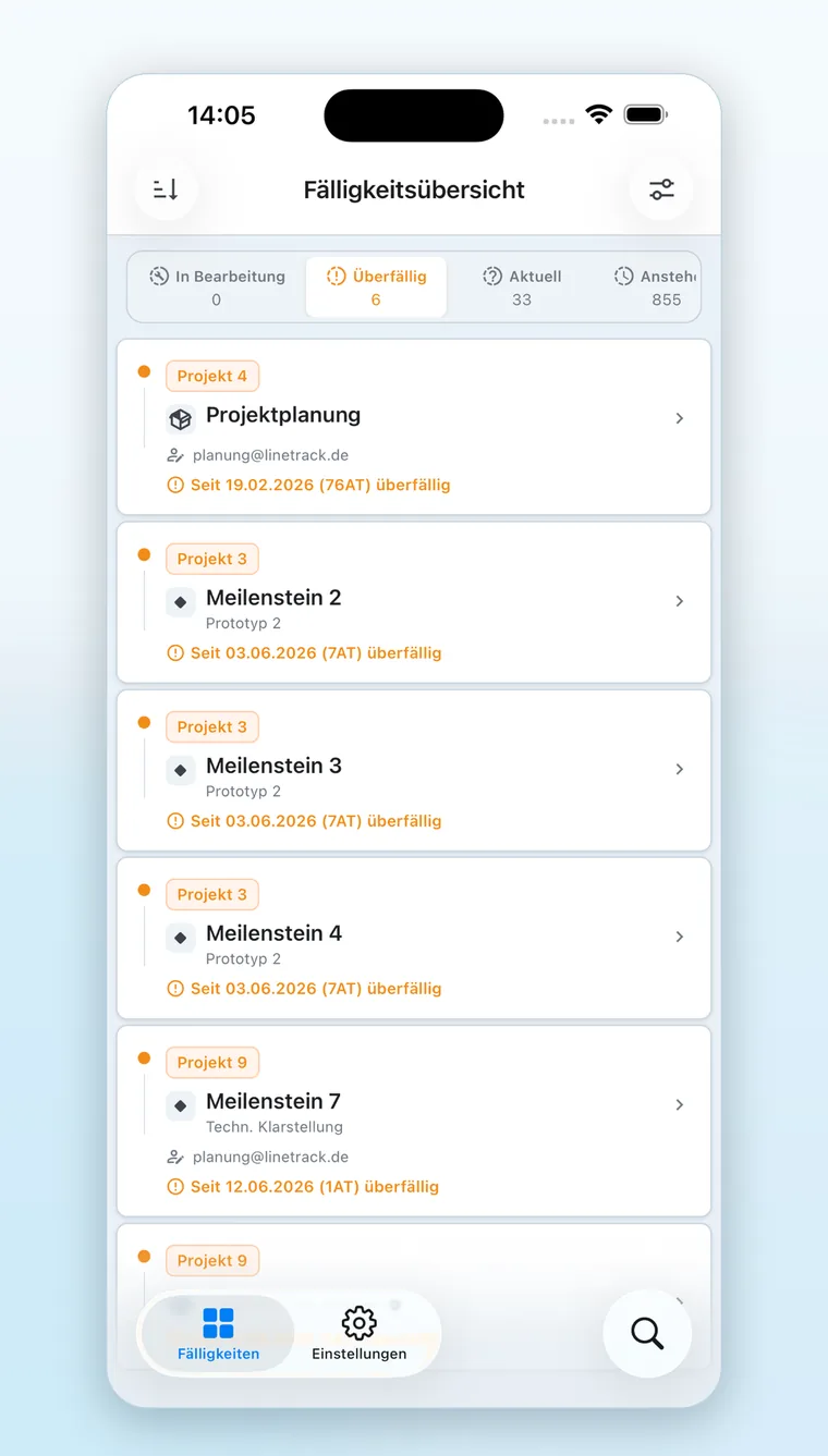 Linetrack Mobile App: Fälligkeitsübersicht mit überfälligen und anstehenden Vorgängen je Projekt