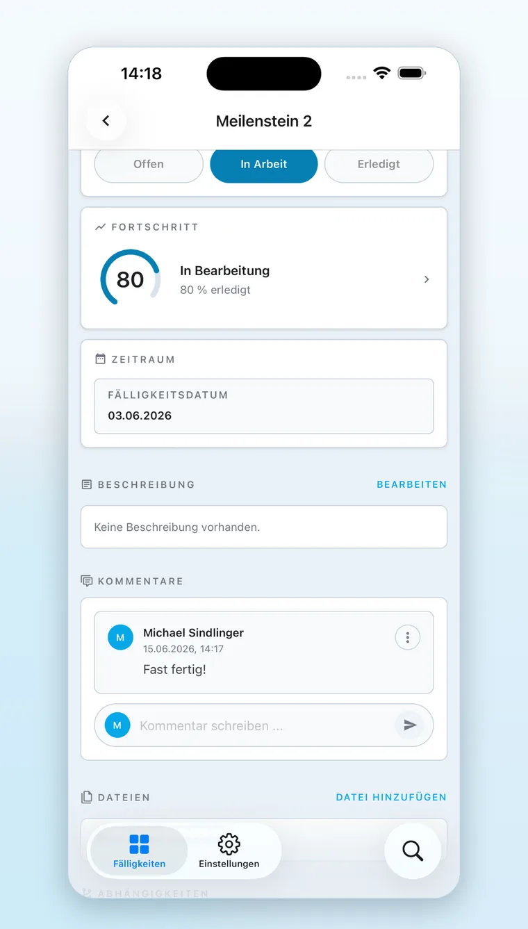 Linetrack Mobile App: Vorgangsdetail mit Status, Fortschritt, Fälligkeitsdatum, Kommentaren und Dateien