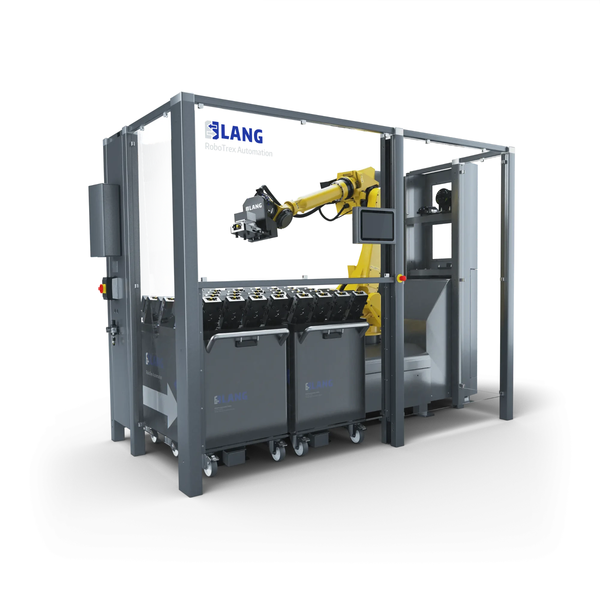 RoboTrex-Automationszelle von LANG Technik mit Roboterarm und Werkstückwechsler
